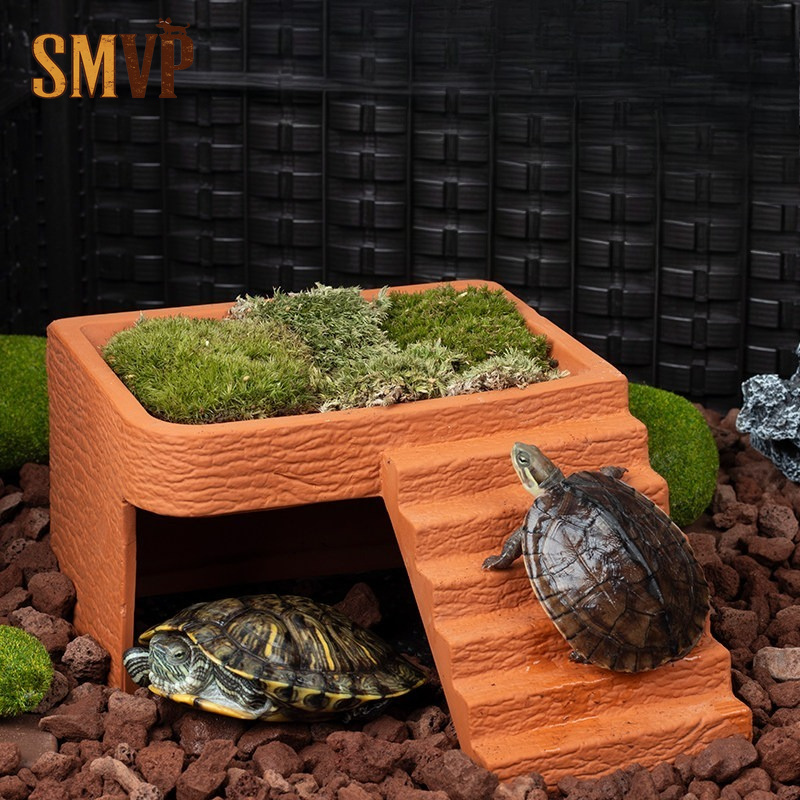 Hide Cave Ceramic - Aquarium-Schildkröten-Plattform aus Naturterracotta mit Rutschfester Kletterleiter
